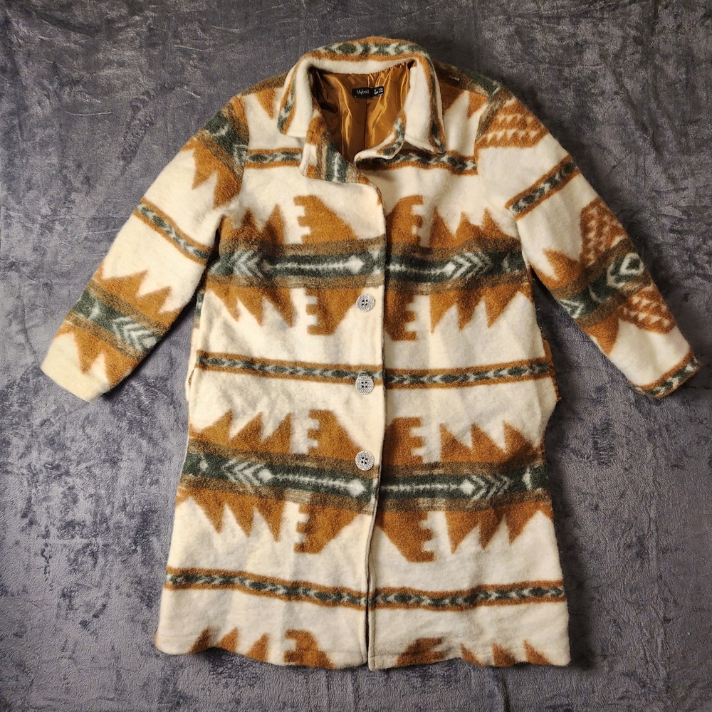 Hybrid Southwestern Geometric Longline Coat Cream Camel Green Size L/XL